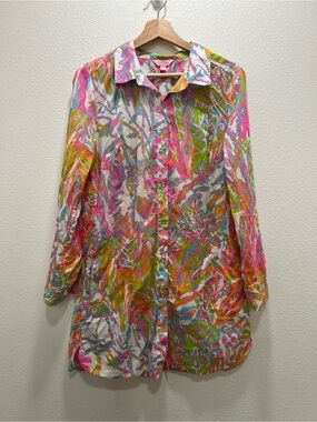 Lilly Pulitzer Jupiter Island Roll Sleeve Button Up Tunic Top Dress Medium